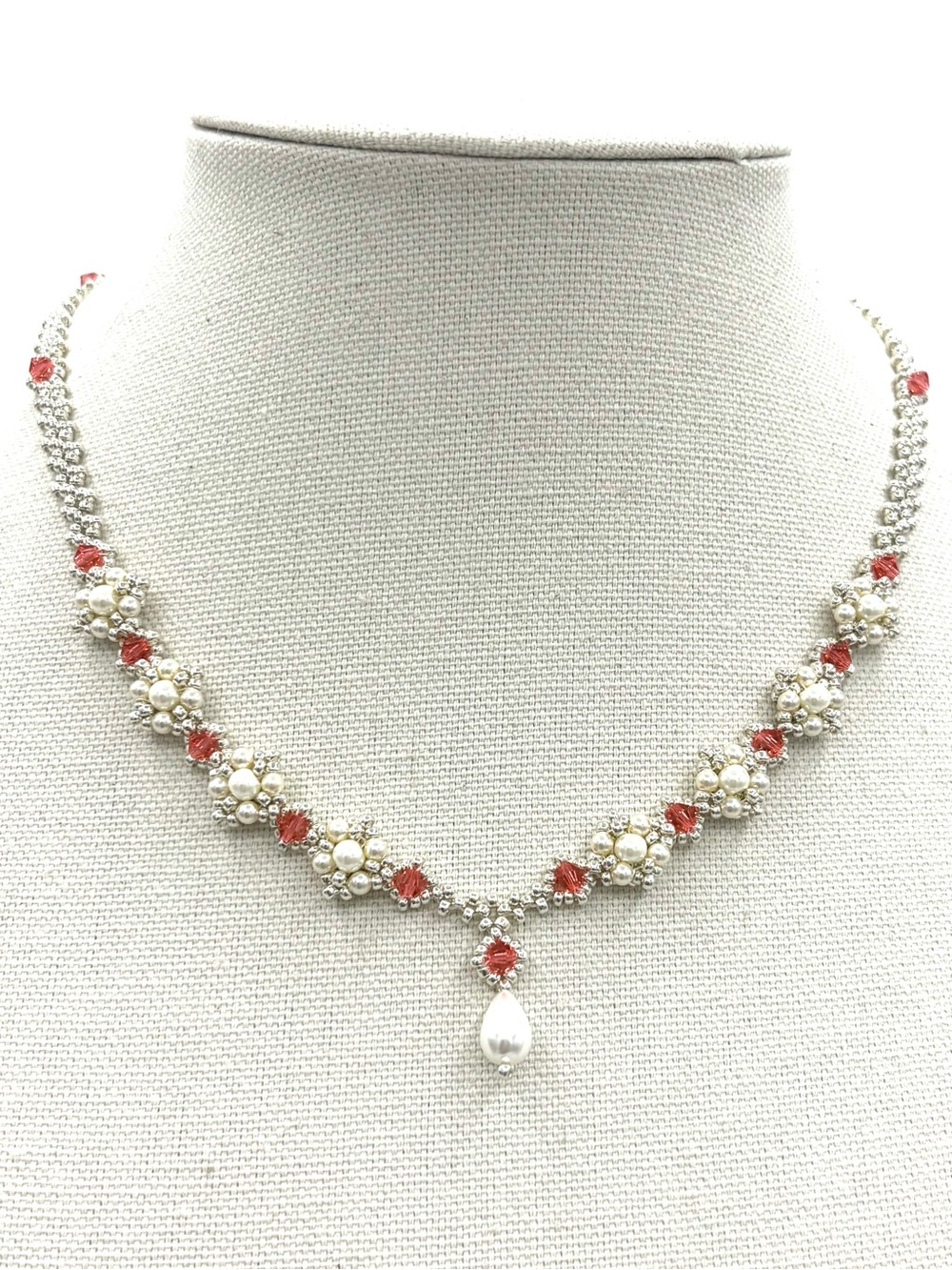 Hand Crafted Pearl Drop Necklace with Coral Crystals - Women Jewelry